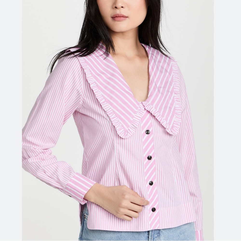 GANNI cotton white pink striped button down top blouse, size US 6 - Picture 4 of 11